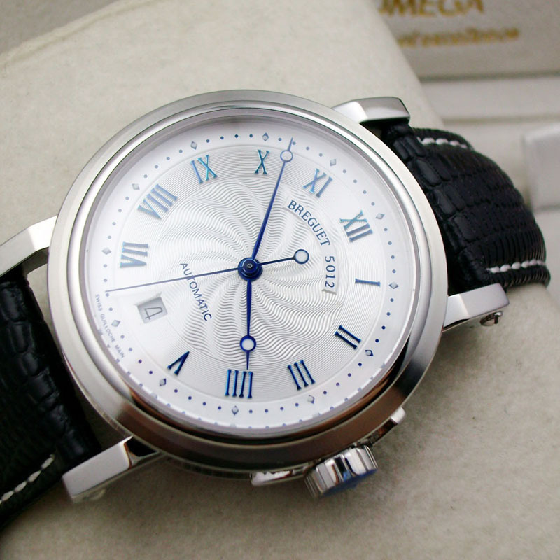 不锈钢罗马数字刻度白面黑真皮带男表机械手表批发