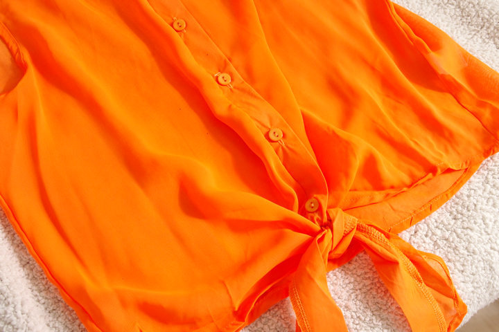 2013春夏季欧美潮流气质荧光橘黄色无袖衬衫镂空雪纺女士开衫批发