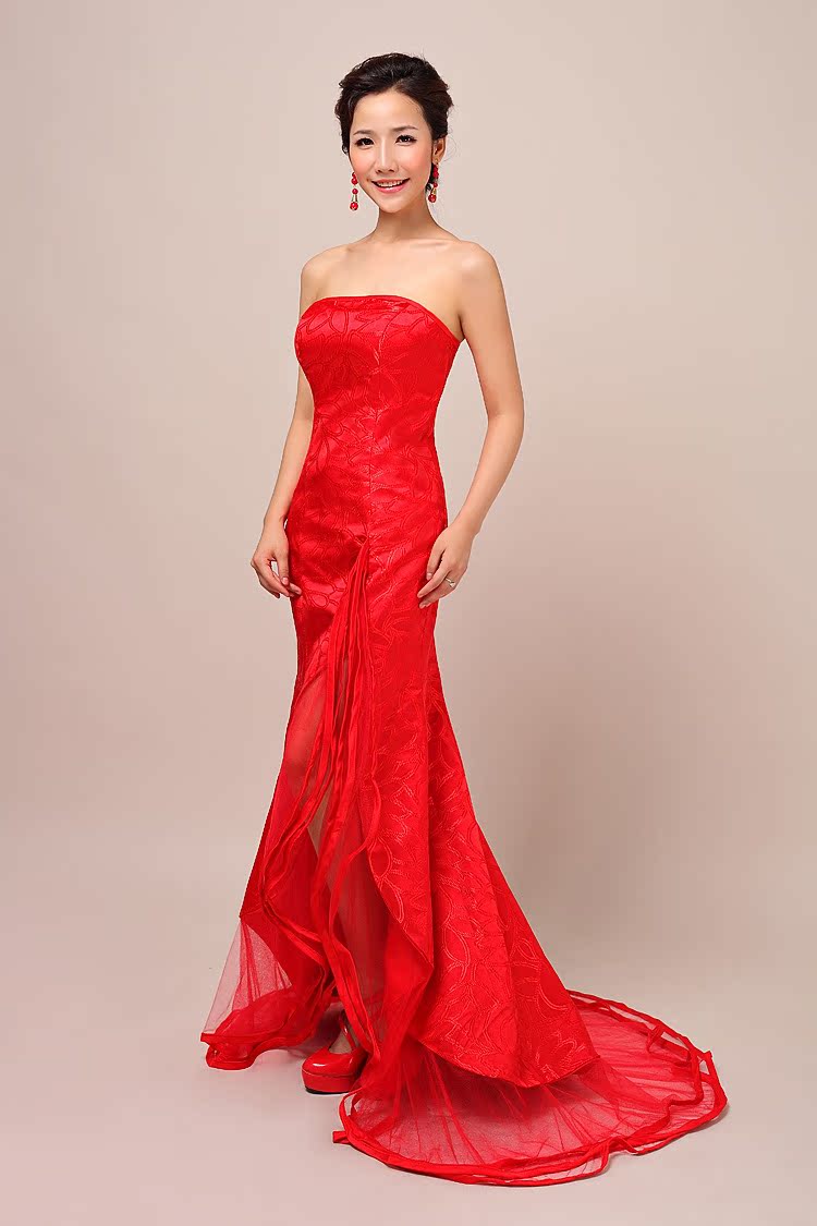 2013新款婚纱礼服 韩版鱼尾拖尾抹胸高档红色晚礼服敬酒服旗袍图片_3