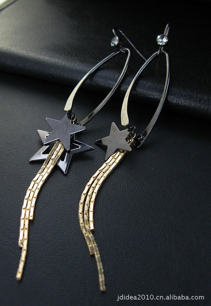 o0330欧美时尚奢华晚宴流苏星星耳环 乌金黄金双色吊链耳环