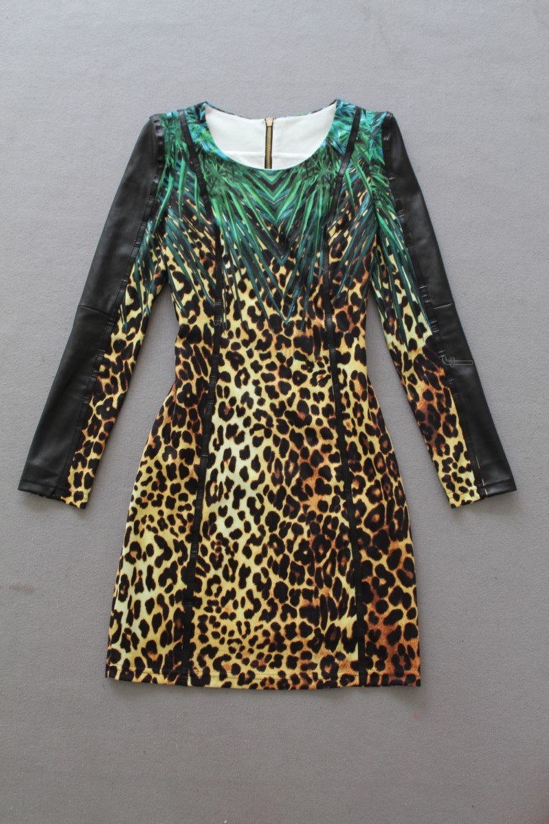 外贸服装欧美女装店原单尾货批发 针织拼皮豹纹长袖 时尚连衣裙子