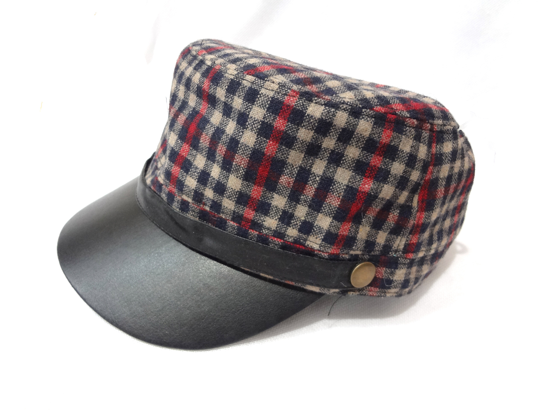 韩版 棉质 苏格兰风情 小格子 平皮沿帽批发 平顶军帽 混批图片_3