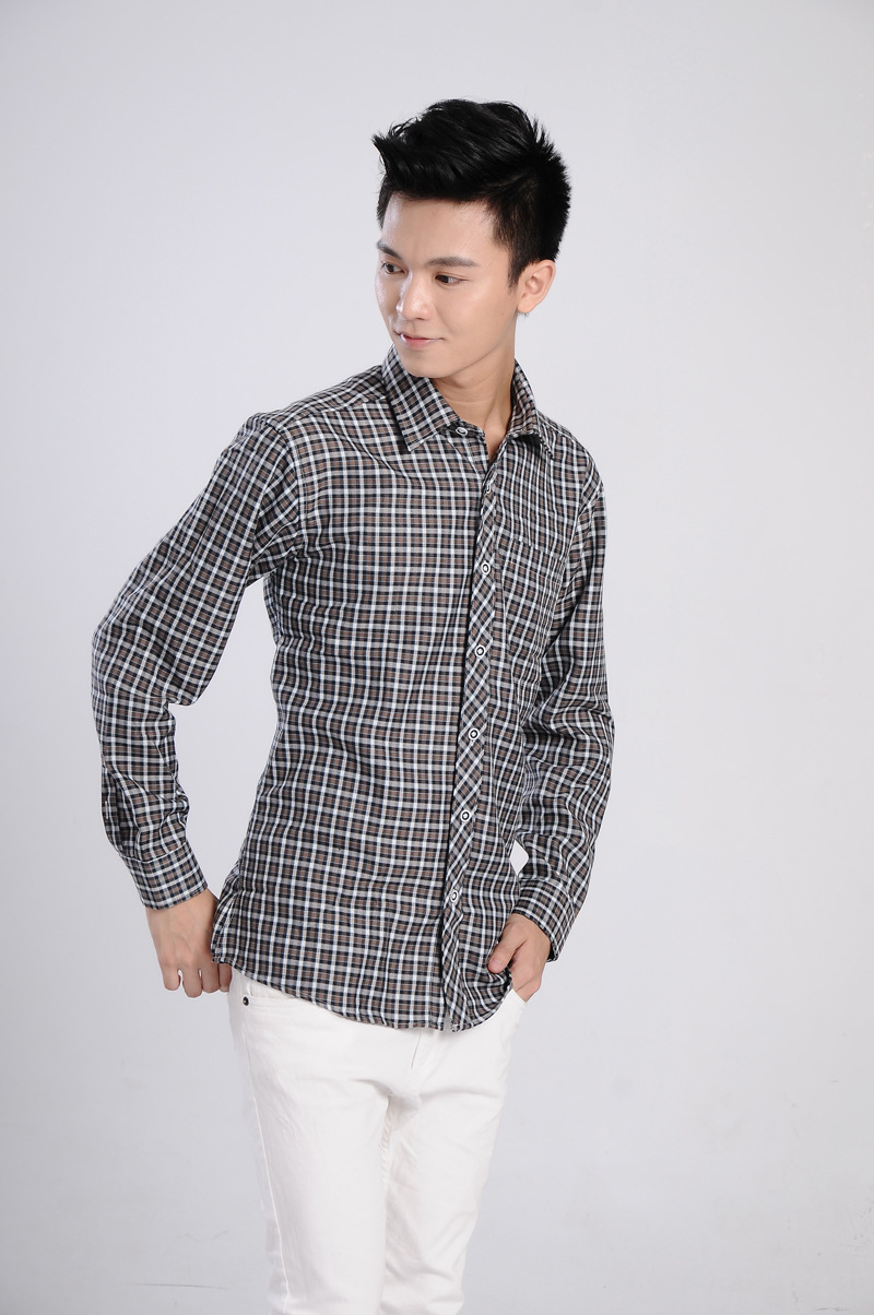 厂家直销爆款男士磨毛格衬衫 韩版休闲长袖格子衬衫男小格子衬衣