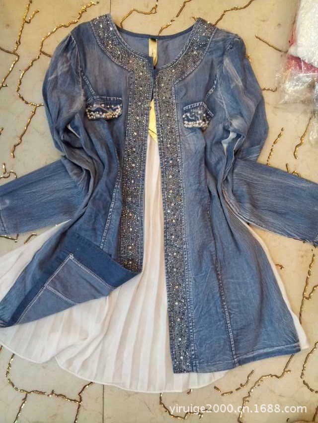 春装新款【303款】女装大码牛仔雪纺搭配洗水马骝门襟烫钻潮韩版