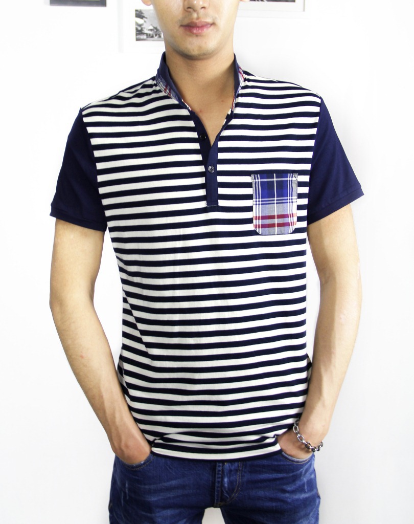 2013 韩版 新款热销 男士时尚休闲短袖条纹海军衫立领 t恤