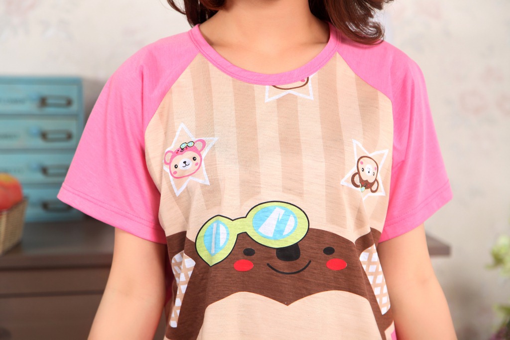 厂家直销睡衣批发 粉色嘻哈猴短袖女套装睡衣家居服337