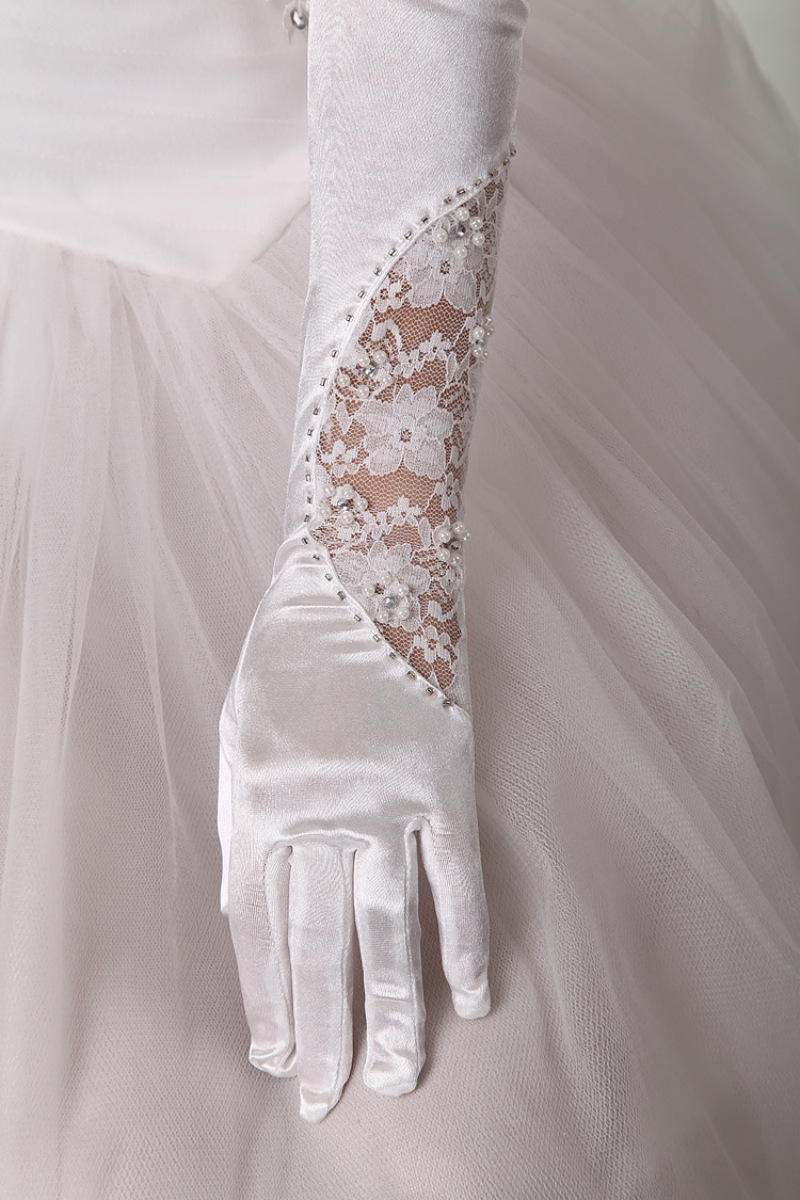 2013婚纱礼服配饰 韩式长款白色丝质夹蕾丝五指手套 钉珠新娘手套图片