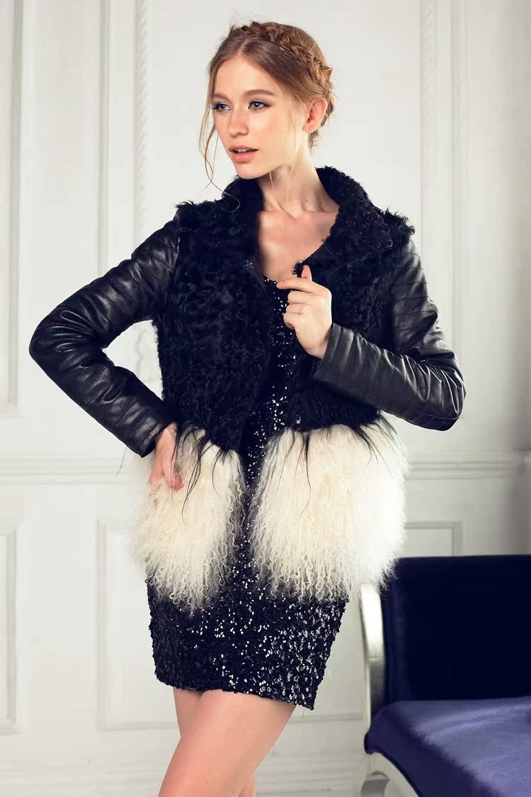 高端时装皮草 2013羊羔毛滩羊毛拼接皮袖子秋冬夹克 皮草不断货