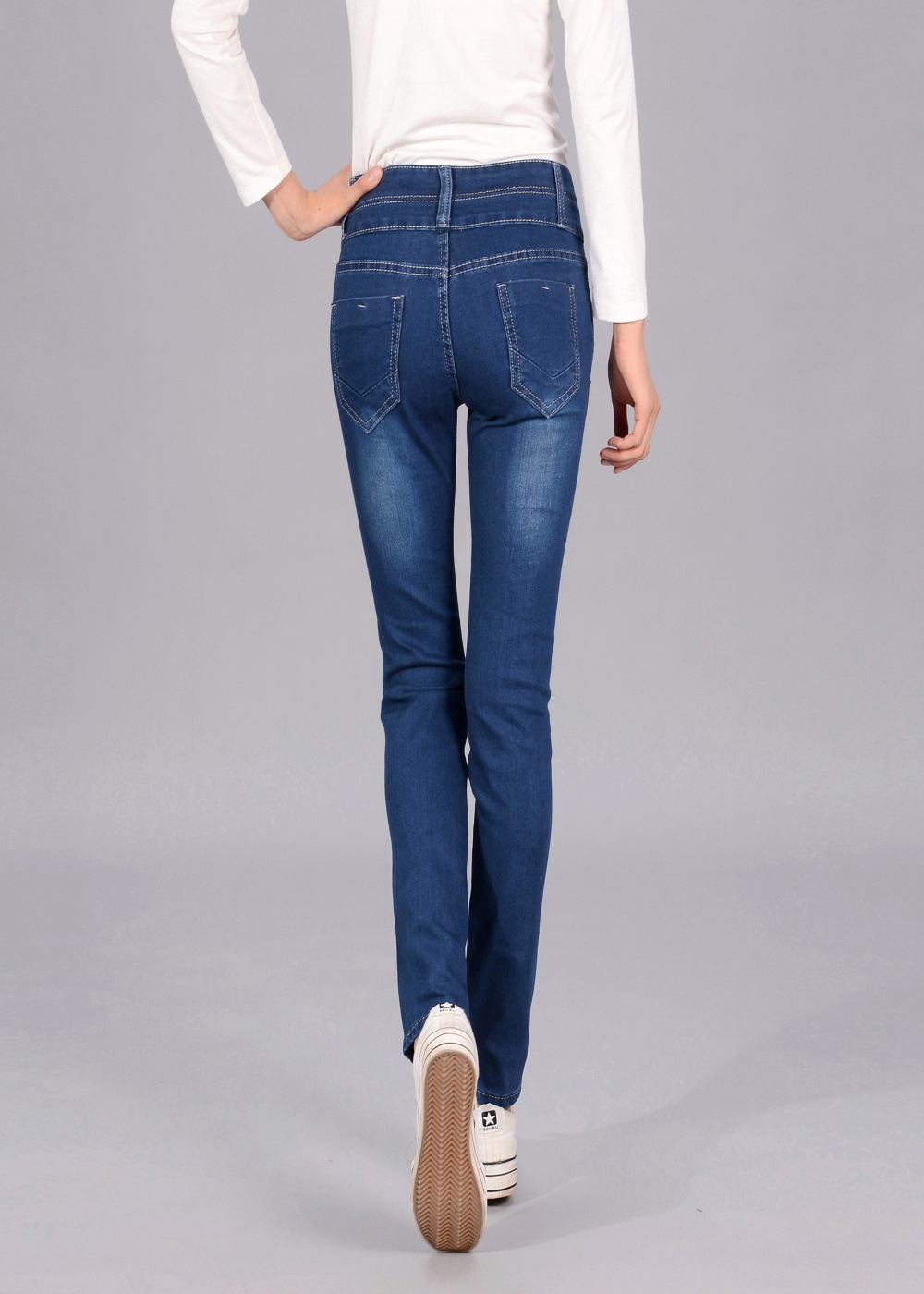 韩版弹力三排扣牛仔裤 女 时尚显瘦小脚铅笔裤子 女士长裤