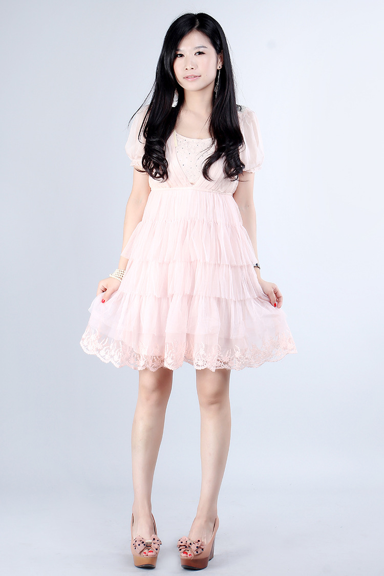 2013夏款蕾丝雪纺连衣裙 时尚韩版短袖连衣裙 品牌女裙批发