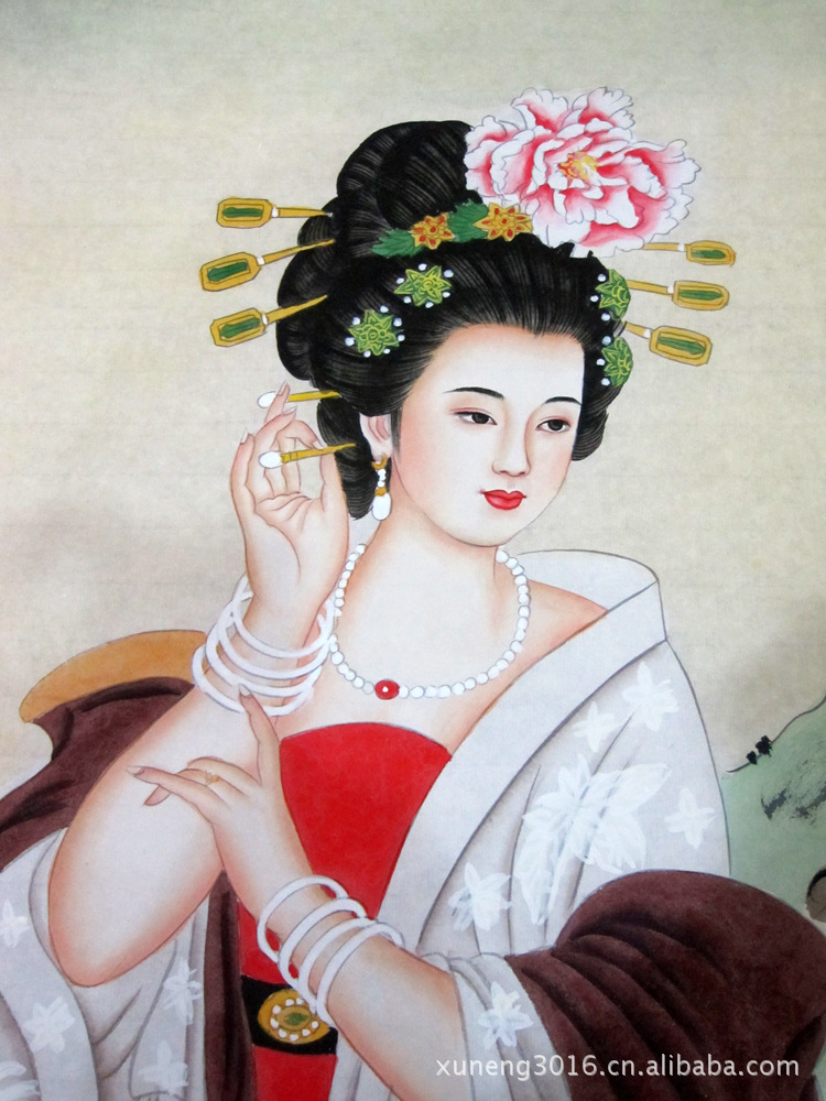 纯手绘四大美女工笔人物画贵妃赏花,此作品是高仿著名画家王美芳人物