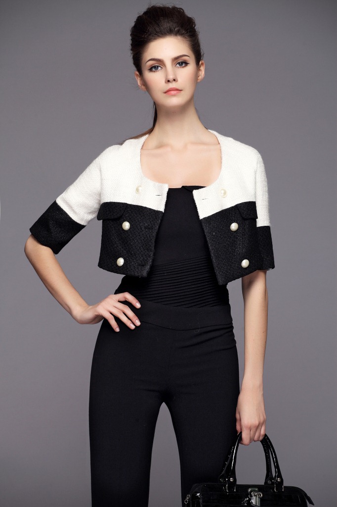 2014 春夏新款 小香风经典黑白拼接短外套 气质外套