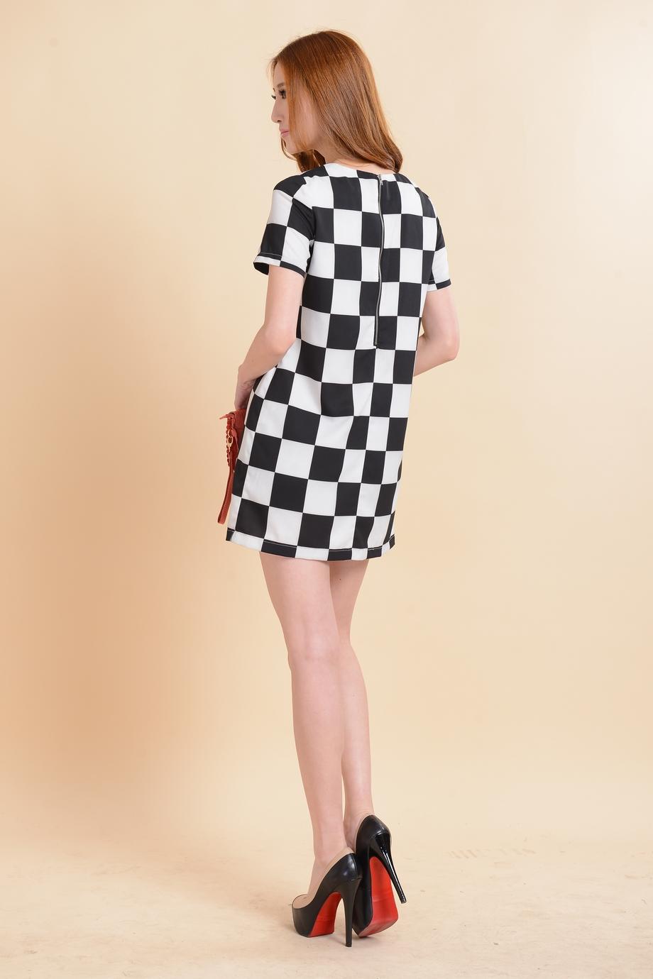 欧洲站韩版新款修身短袖圆领黑白格子连衣裙包臀裙子棋盘格连衣裙