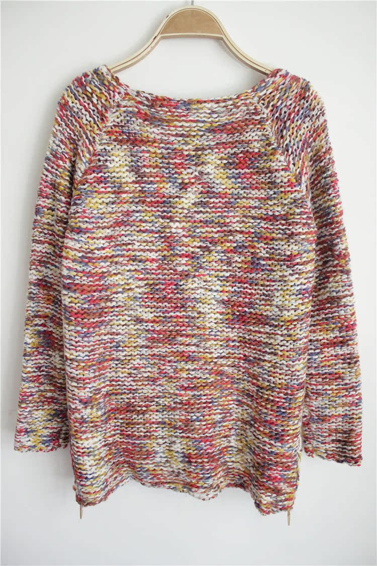 韩版秋冬新款手工编织复古花色套头毛衣前短后长拉链开叉针织衫女图片