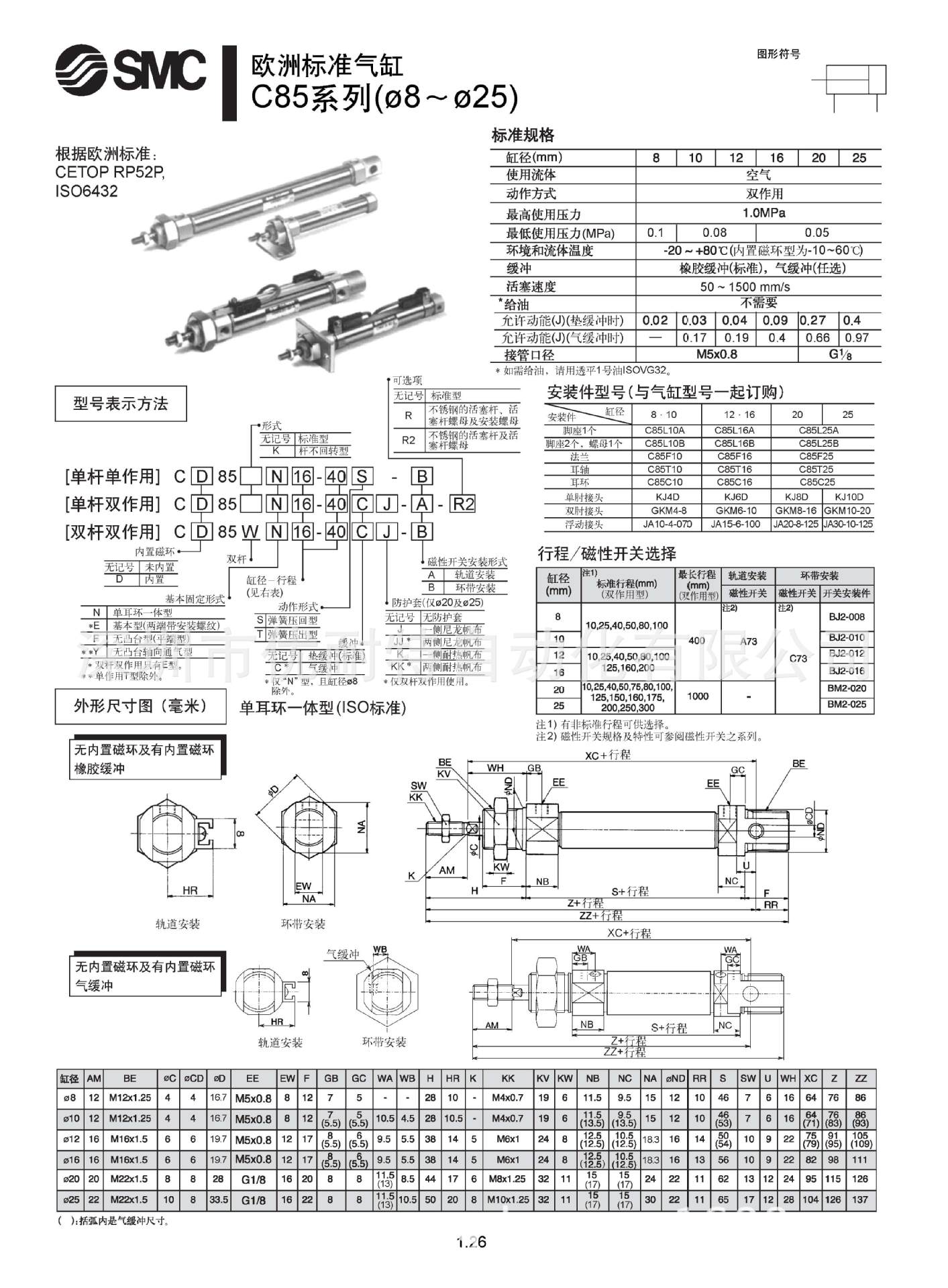 smc气缸欧洲标准气缸cd85f1620b