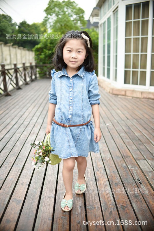 外贸童装 女童小飞袖水洗牛仔长袖连衣裙 儿童春秋裙子 wd-298