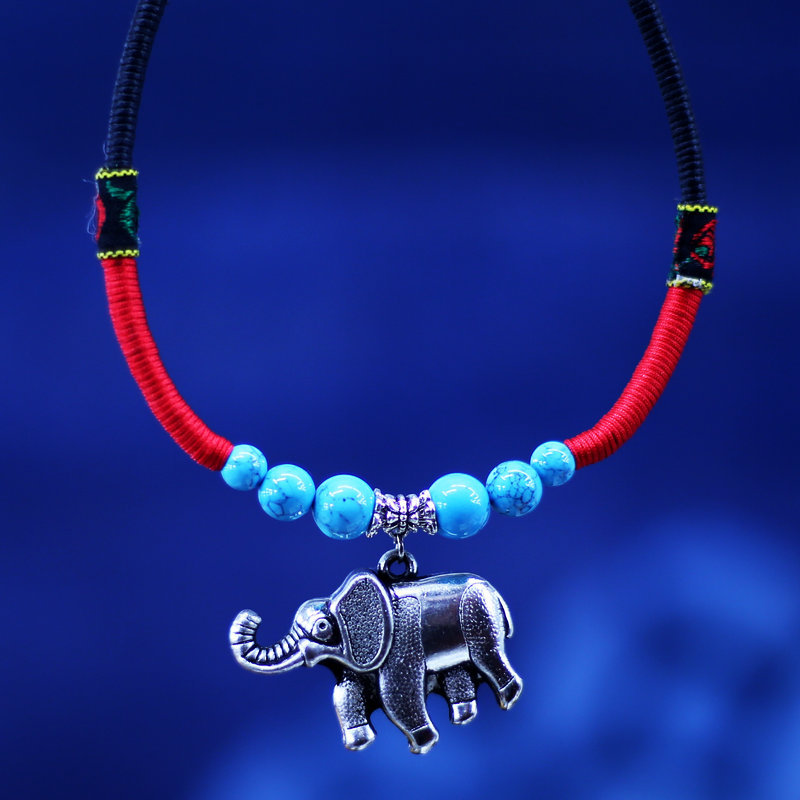 批发供应民族手工饰品 泰国大象项链 彩石藏银蜡绳编织项圈