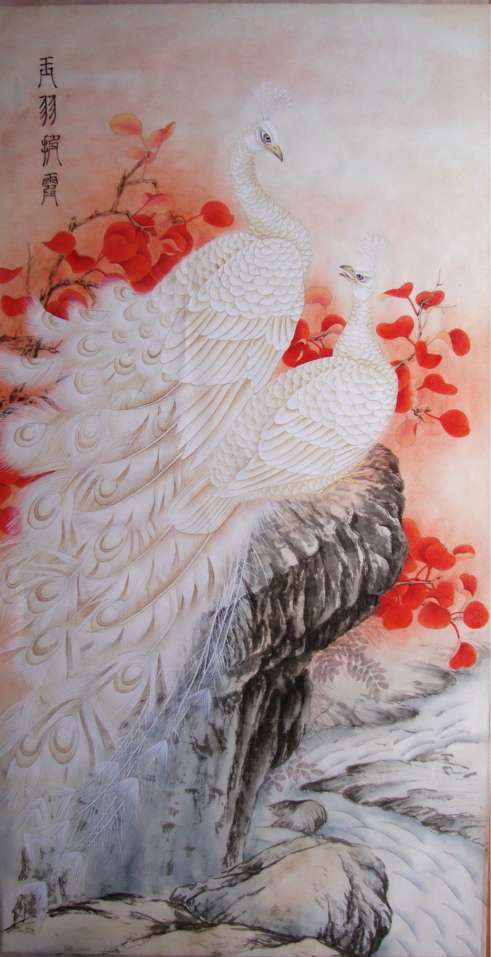 国画工笔花鸟手绘四尺宣纸白孔雀《玉羽披霞》字画画心收藏精品