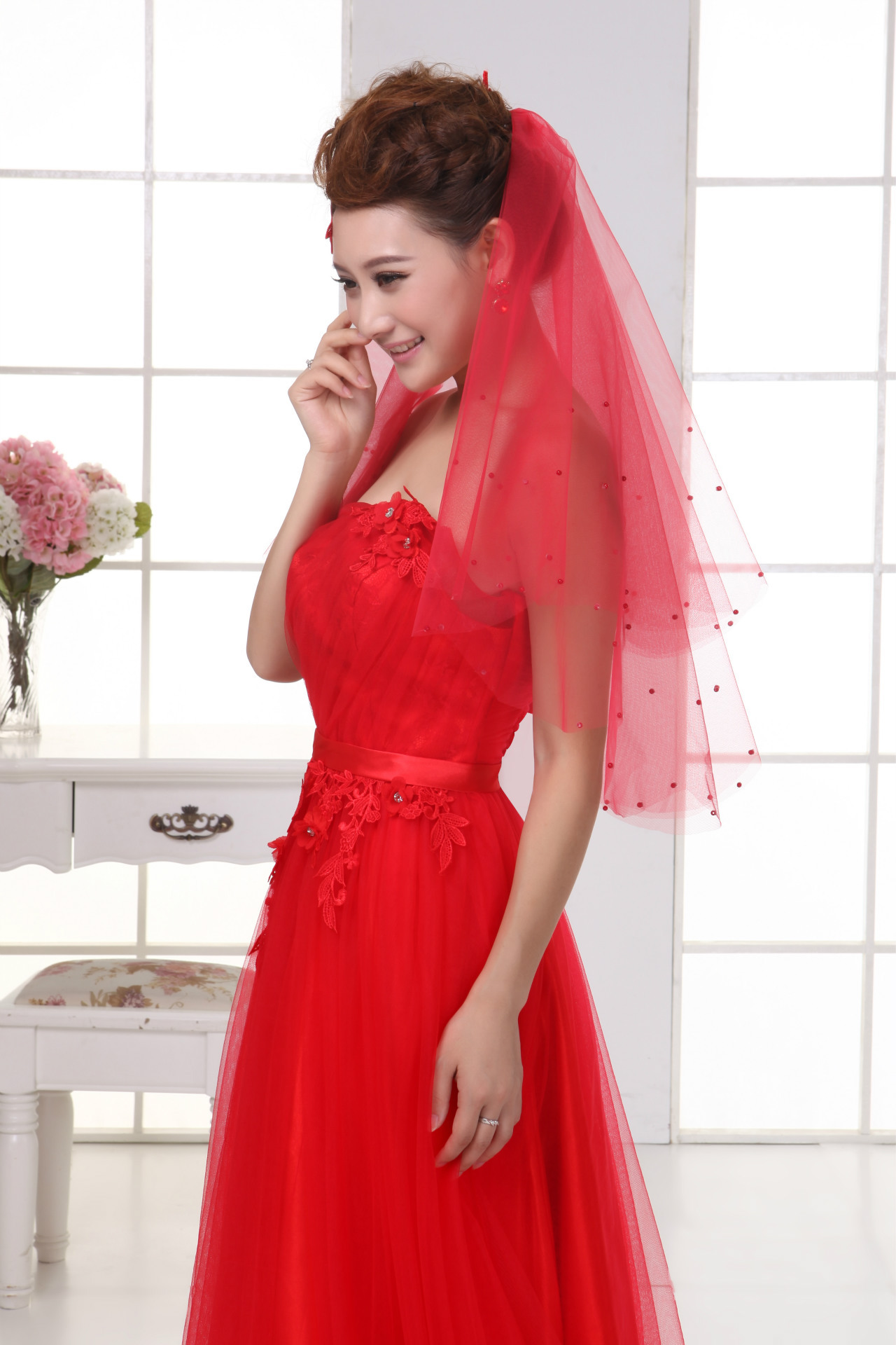 2013新娘头纱 婚纱礼服配饰 简约复古精美新娘头纱喜庆红色