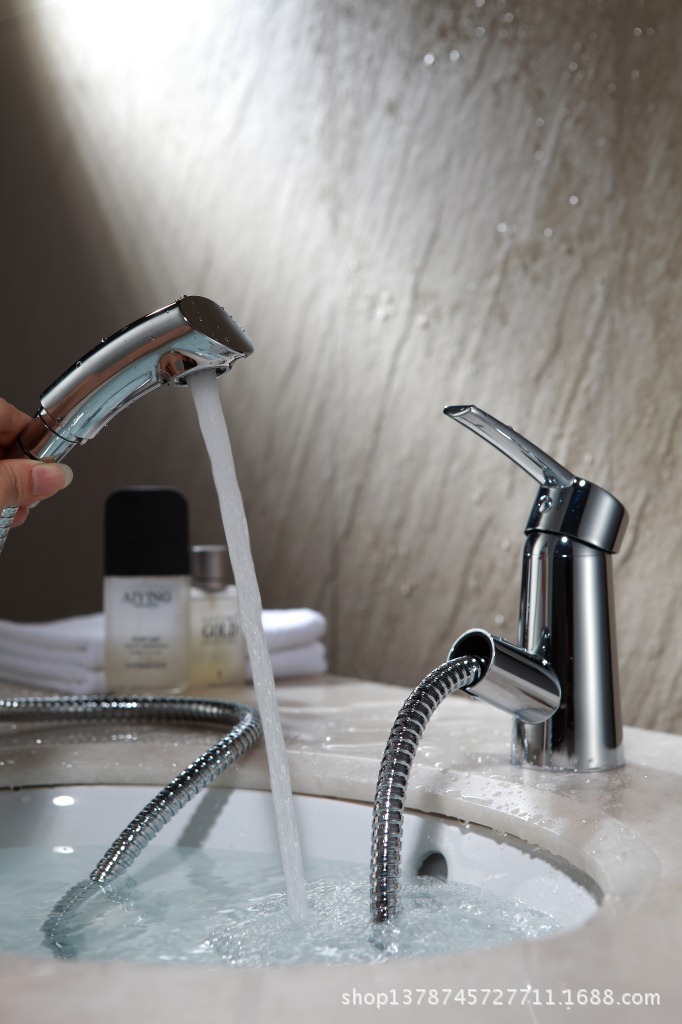 vto 全铜抽拉式水龙头 台盆龙头 功能性冷热龙头 伸缩洗头喷头图片_6