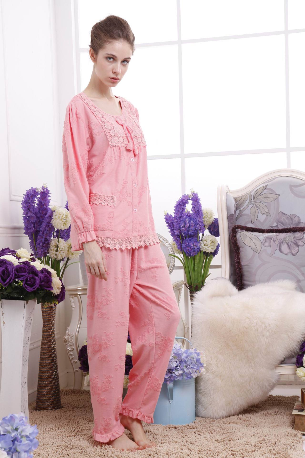 2013秋季新品 康柔 女士 西式贴片大朵提花 长袖睡衣套装 家居服