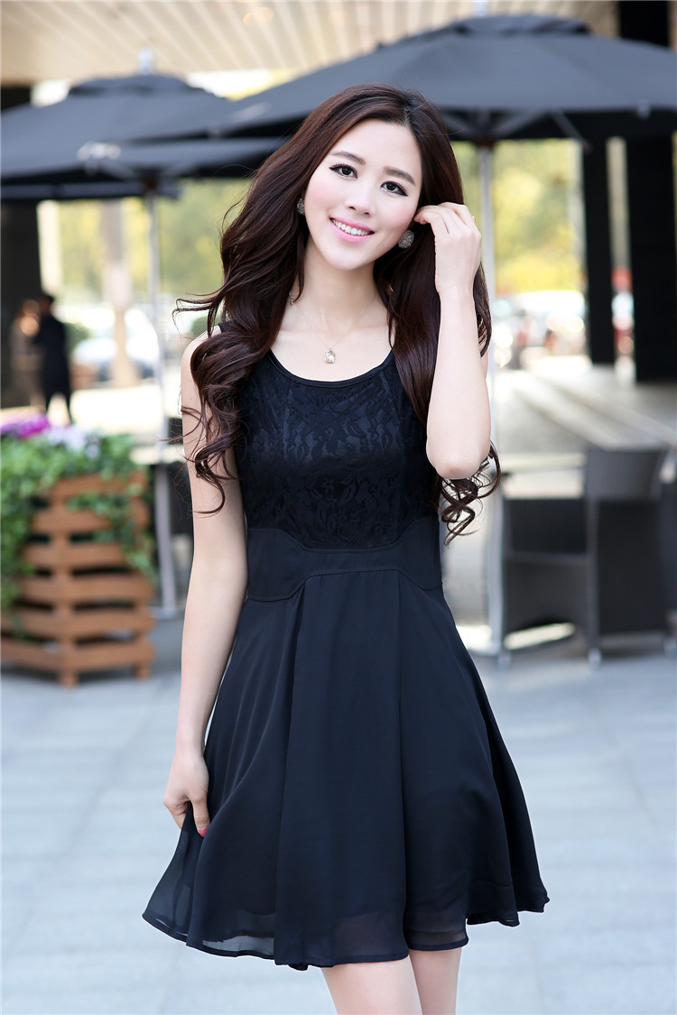 2013夏季爆款时尚个性圆领雪纺裙连身裙蕾丝拼接修身无袖连衣裙