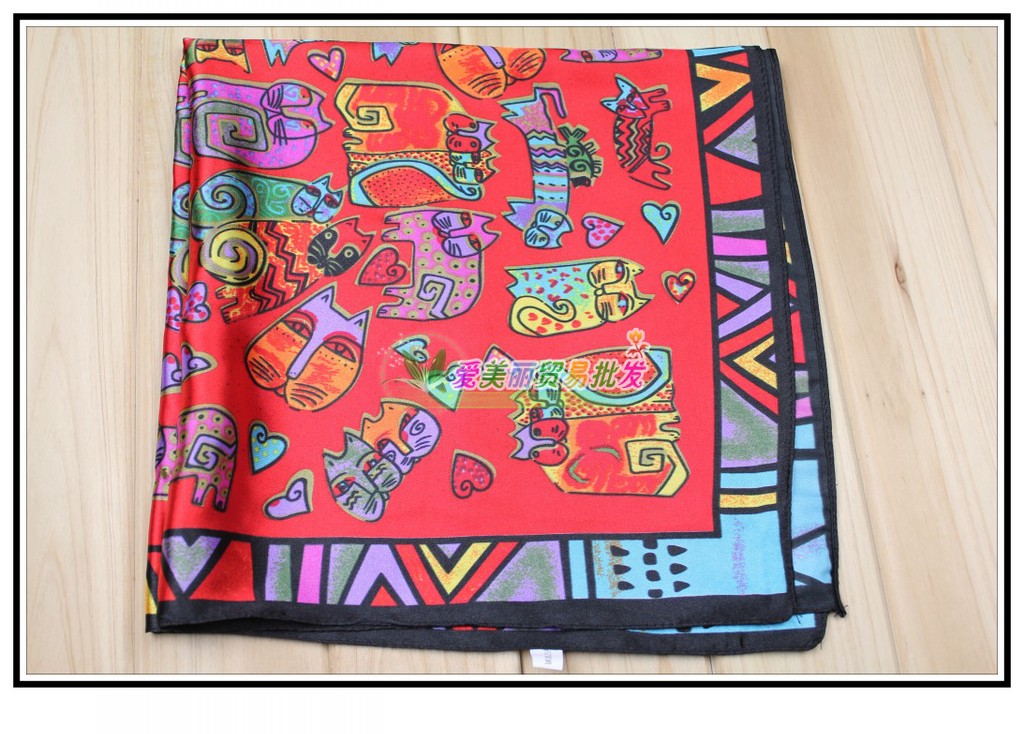 仿真丝油画丝巾方巾卡通猫丁方巾批发混批外贸出口混批