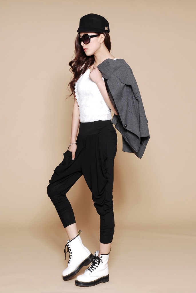 新款女装哈伦裤批发 韩版女式休闲褶皱拼接雪纺中腰哈伦裤 吊裆裤