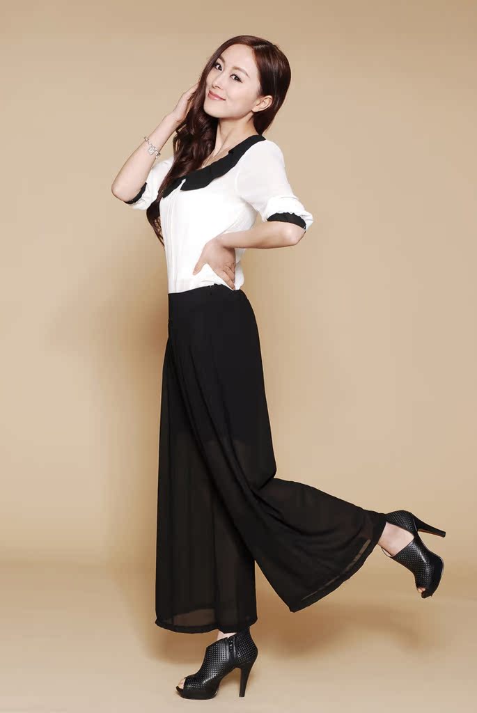 新款夏装休闲裤批发 韩版女式休闲宽松透视防走光雪纺阔腿裤 裙裤