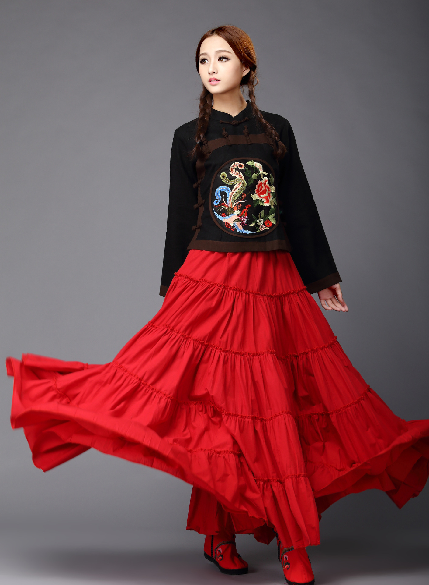 原创中国民族风女士大摆裙抹胸裙半身裙舞蹈裙波西米亚长裙