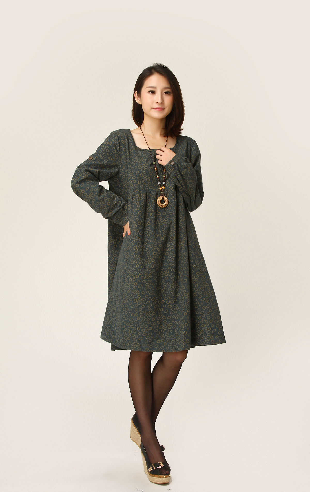 2013秋款棉麻女装批发 胖mm大码宽松式长袖 亚麻棉麻连衣裙 批发