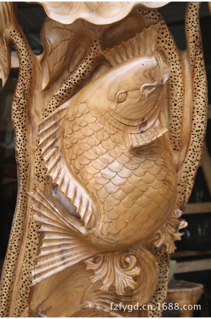 【佛缘】木雕根雕香樟木鲤鱼年年有余宜家饰品风水古玩摆件4360