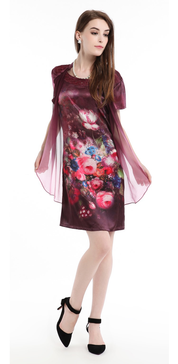 厂家新款高档中老年真丝连衣裙夏季修身丝绸服装假两件短袖裙批发