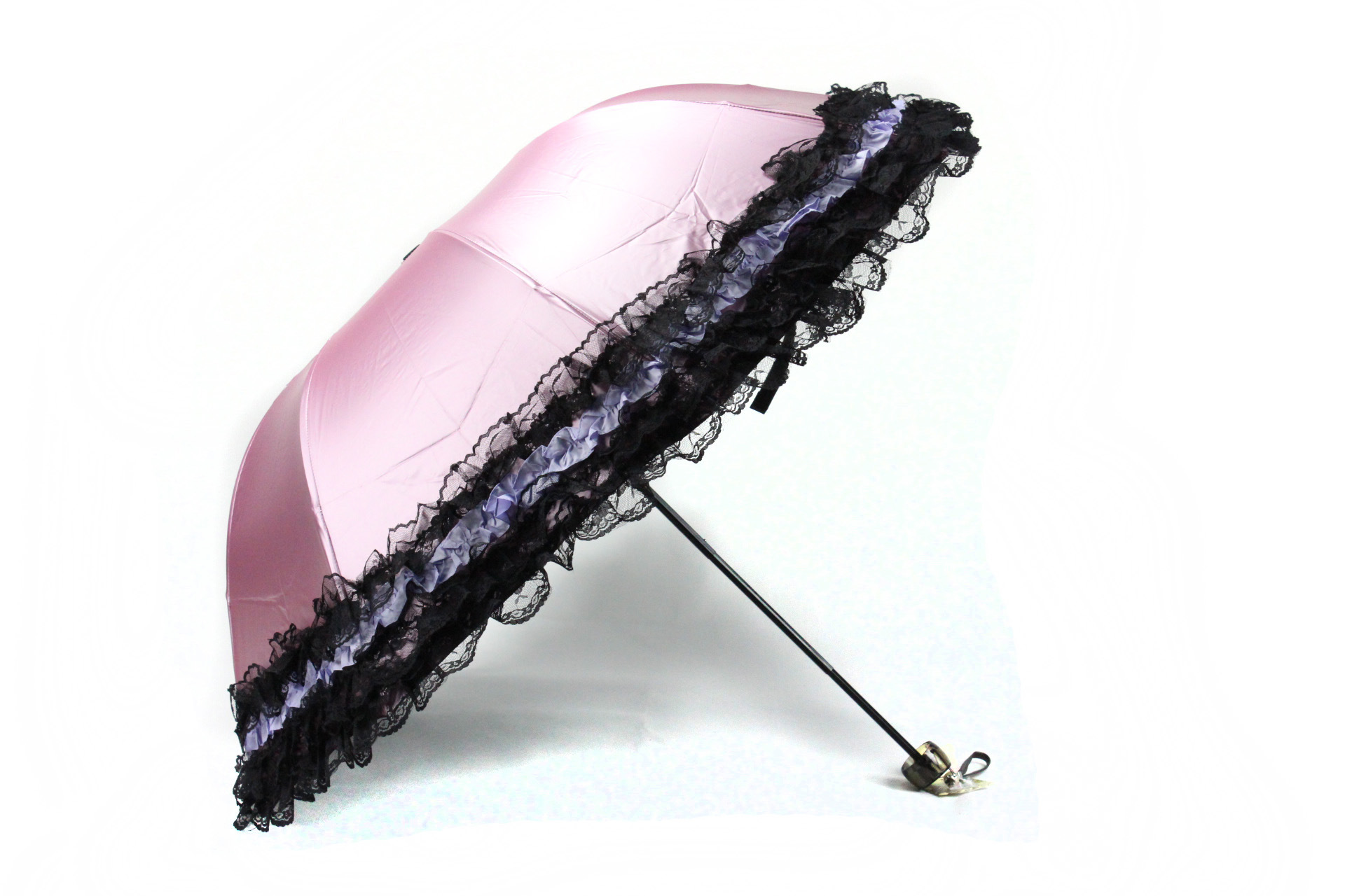 安娜淑黑色三层蕾丝花边素色女士遮阳伞