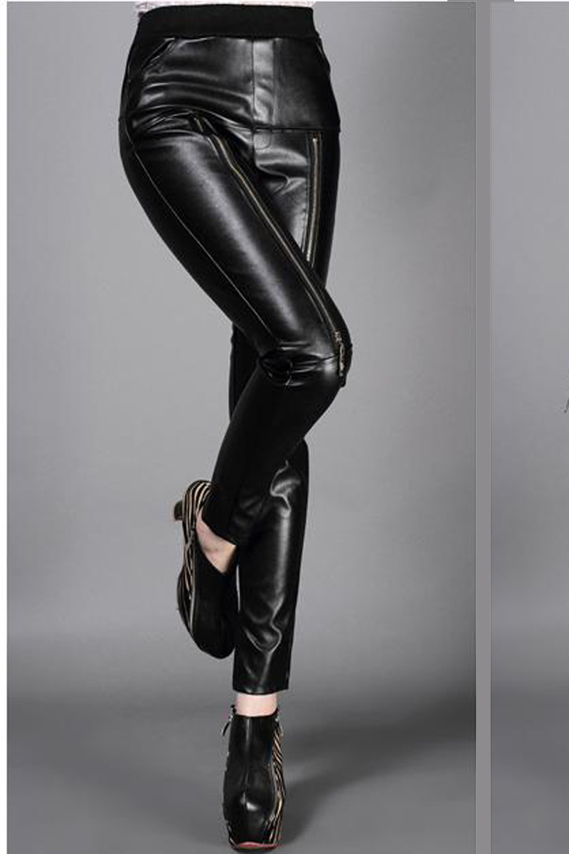 新款皮裤女装纯色修身小脚裤欧美pu皮裤拉链松紧腰铅笔裤女