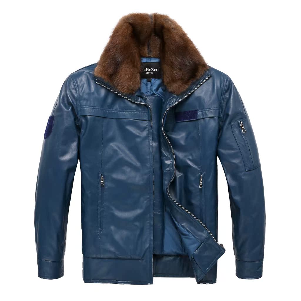 02飞行皮衣冬季男装外套水貂领飞行皮夹克 男式真皮皮衣 蓝色