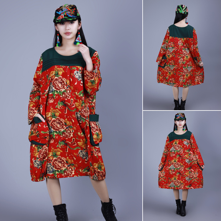 传说之翼 原创民族风秋装拼布圆领被面花长袖打底衫 连衣裙 c335