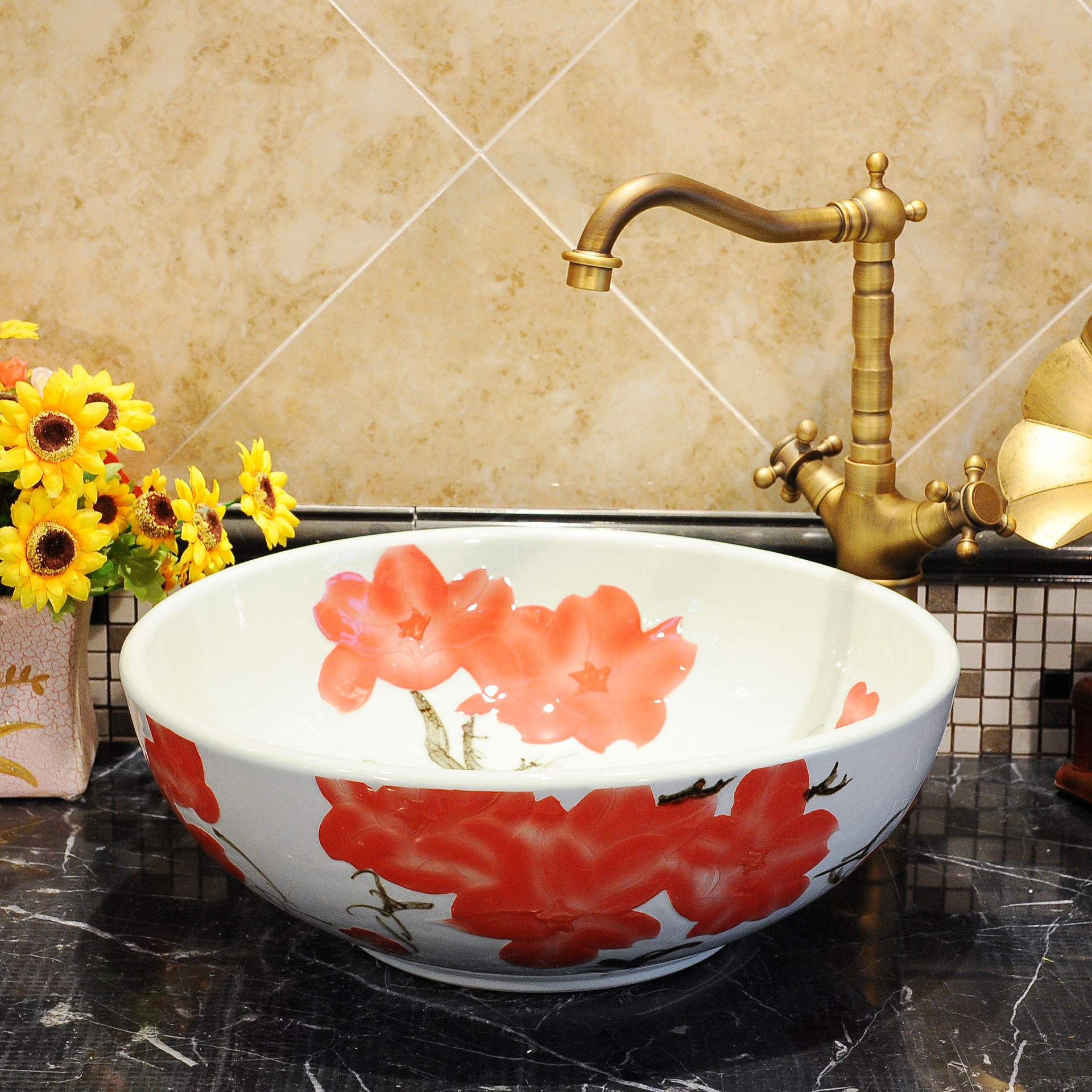 景德镇100%纯手工艺术陶瓷洗脸盆 高档红色浴室台盆