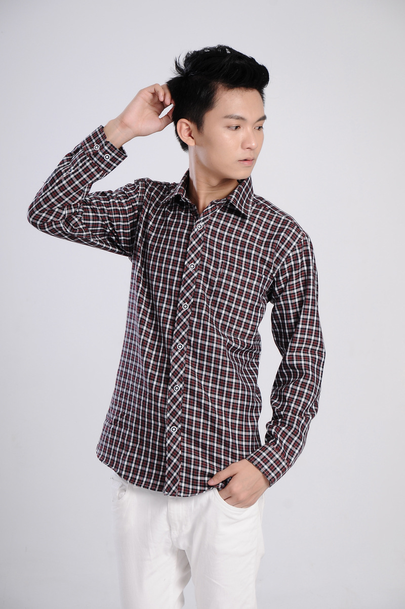 厂家直销爆款男士磨毛格衬衫 韩版休闲长袖格子衬衫男小格子衬衣