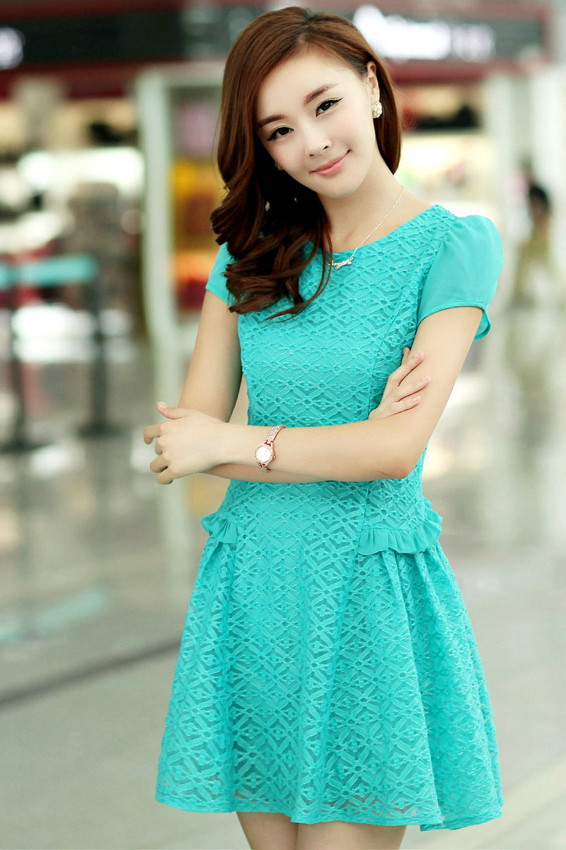 80170 韩版2013夏季新款 雪纺连衣裙 修身显瘦泡泡袖镂空短裙子