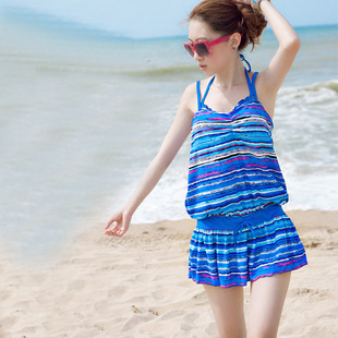 连体裙式比基尼三件套游泳衣女士钢托遮肚显瘦泳装批发