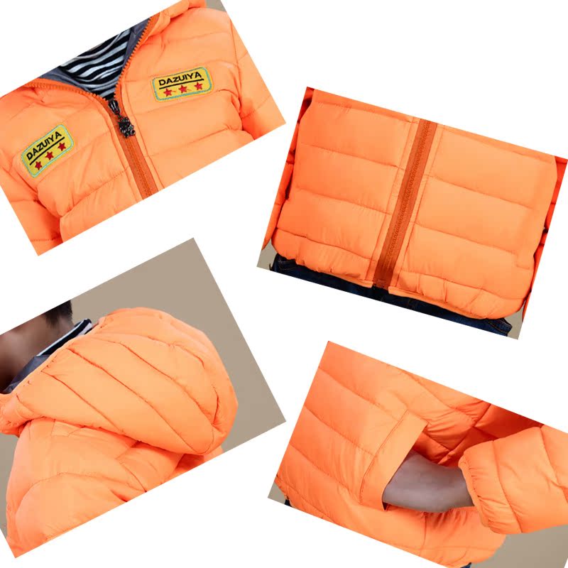 厂家批发橙色男女童羽绒服橘色中大童装羽绒服外套连帽大嘴鸭