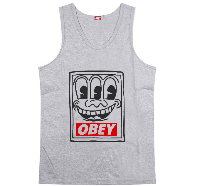 街头潮牌obey 胸前字母 滑板经典图案 无袖背心 打底 男士 汗背心