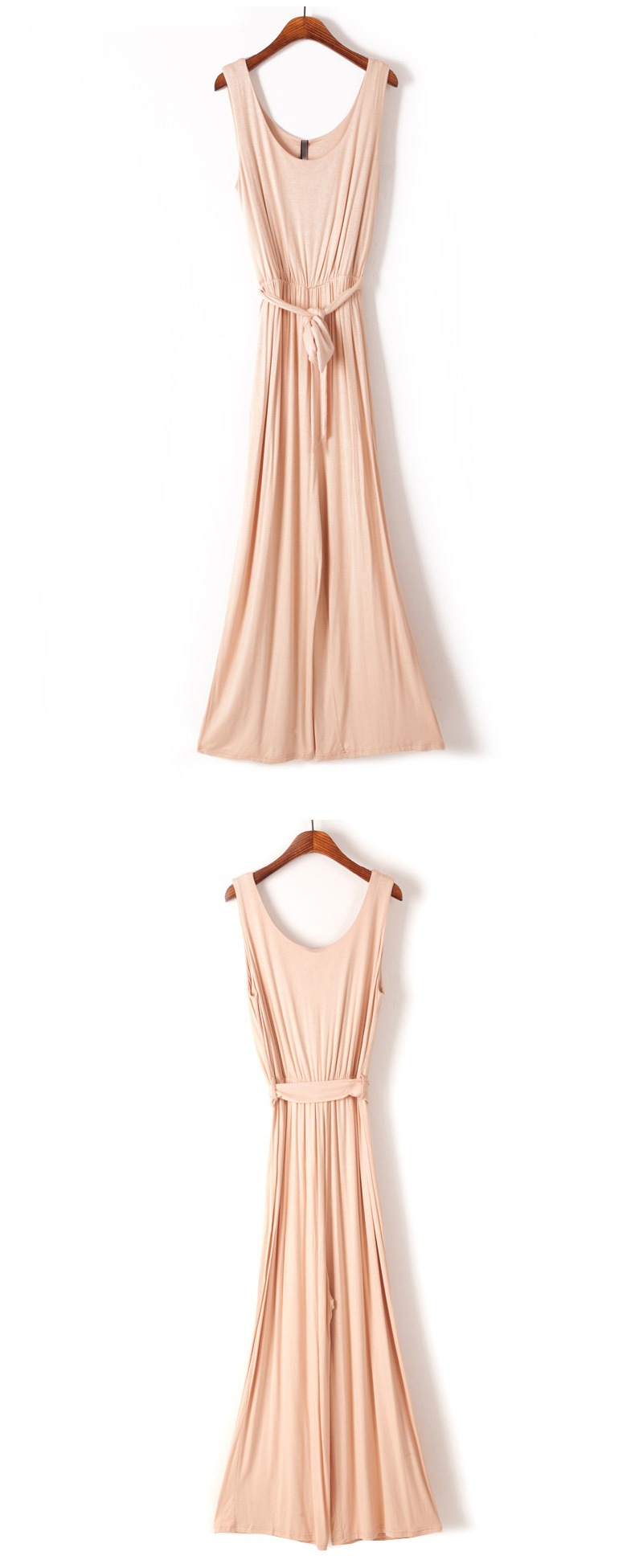 女装莫代尔杏色连衣裙长裙无袖抽绳圆领一件代发免费代理平台加盟
