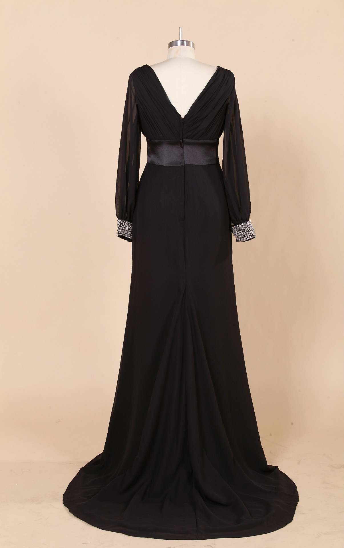 明星同款欧美黑色v领长袖鱼尾长款礼服 演出晚装礼服 量大从优