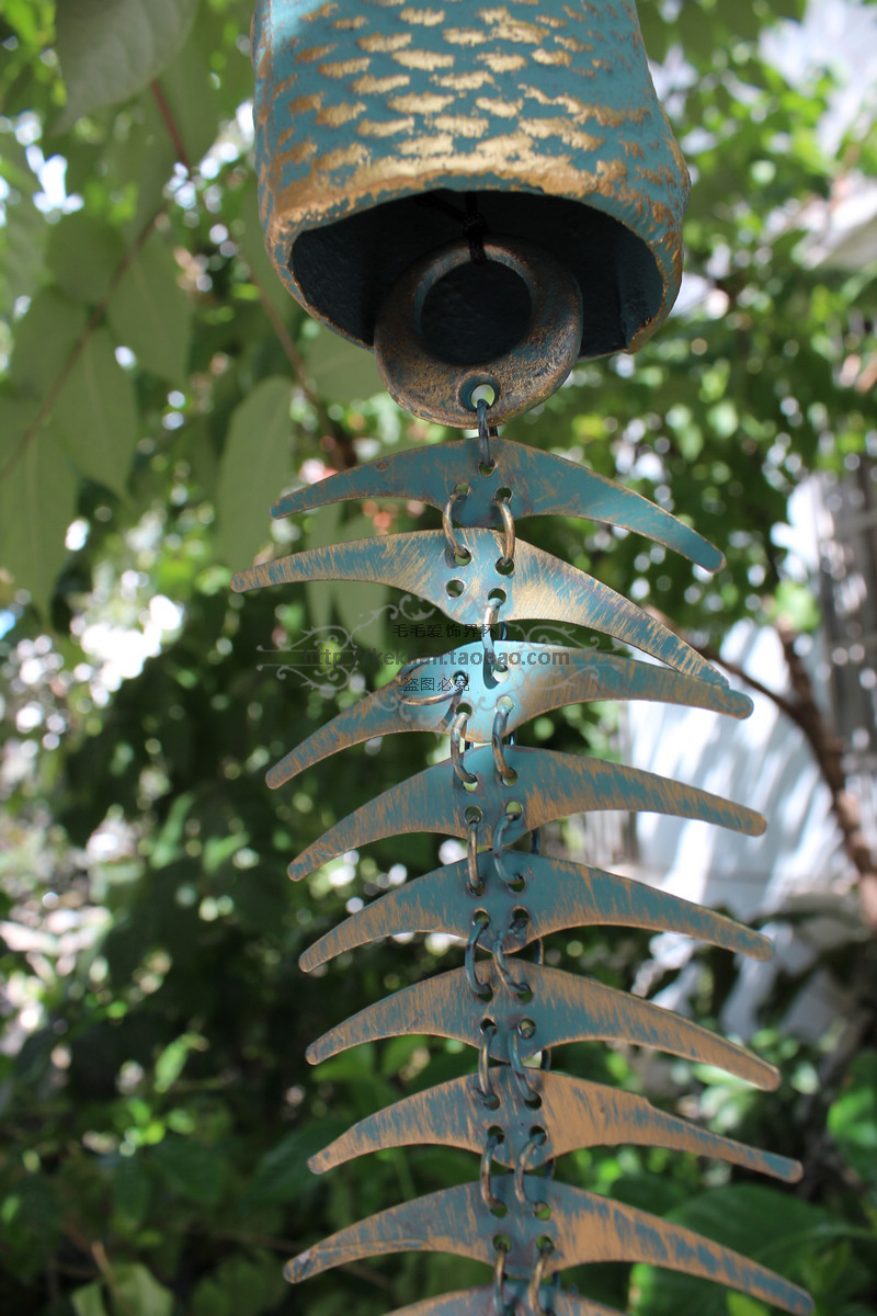 精致田园铸铁鱼刺风铃鱼骨头门铃,花园铃铛