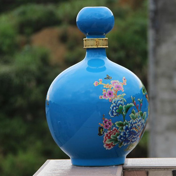 景德镇十斤装酒具高档中国红陶瓷酒瓶 10斤装蓝色金鸡报喜酒坛子