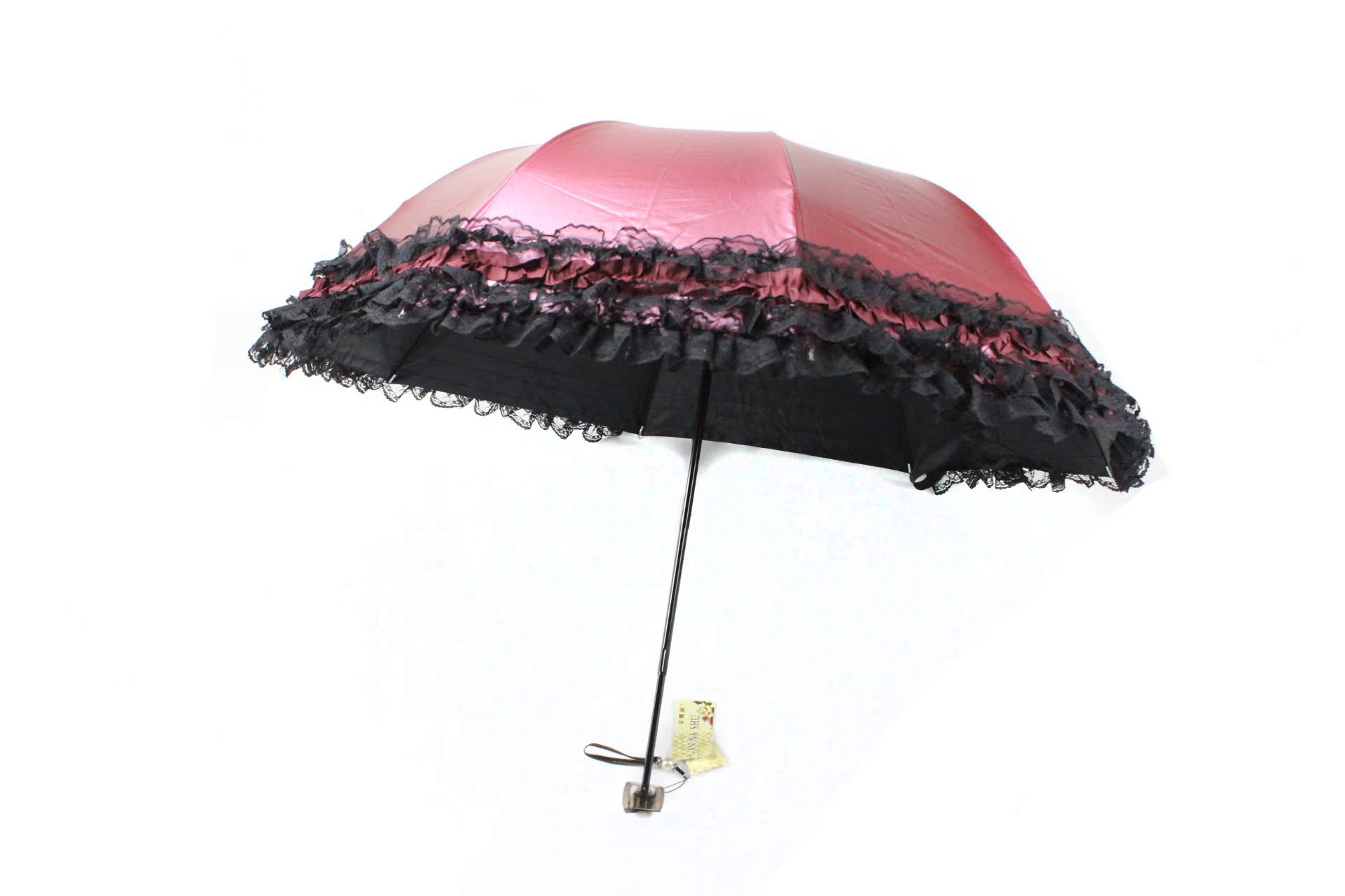 安娜淑黑色三层蕾丝花边素色女士遮阳伞