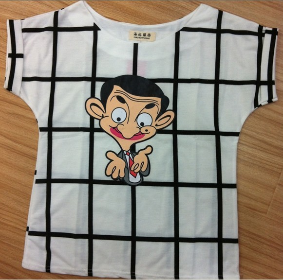 清仓处理韩版夏季女装憨豆先生卡通印花格子短袖t恤打底衫批发