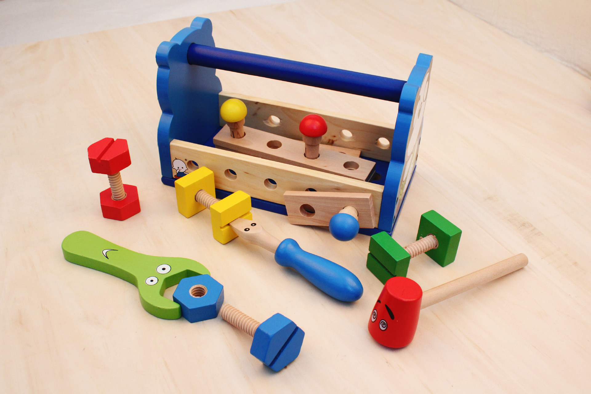 螺母组合拆装玩具 工具栏 组合工作台 手提木制工具蓝 益智外贸